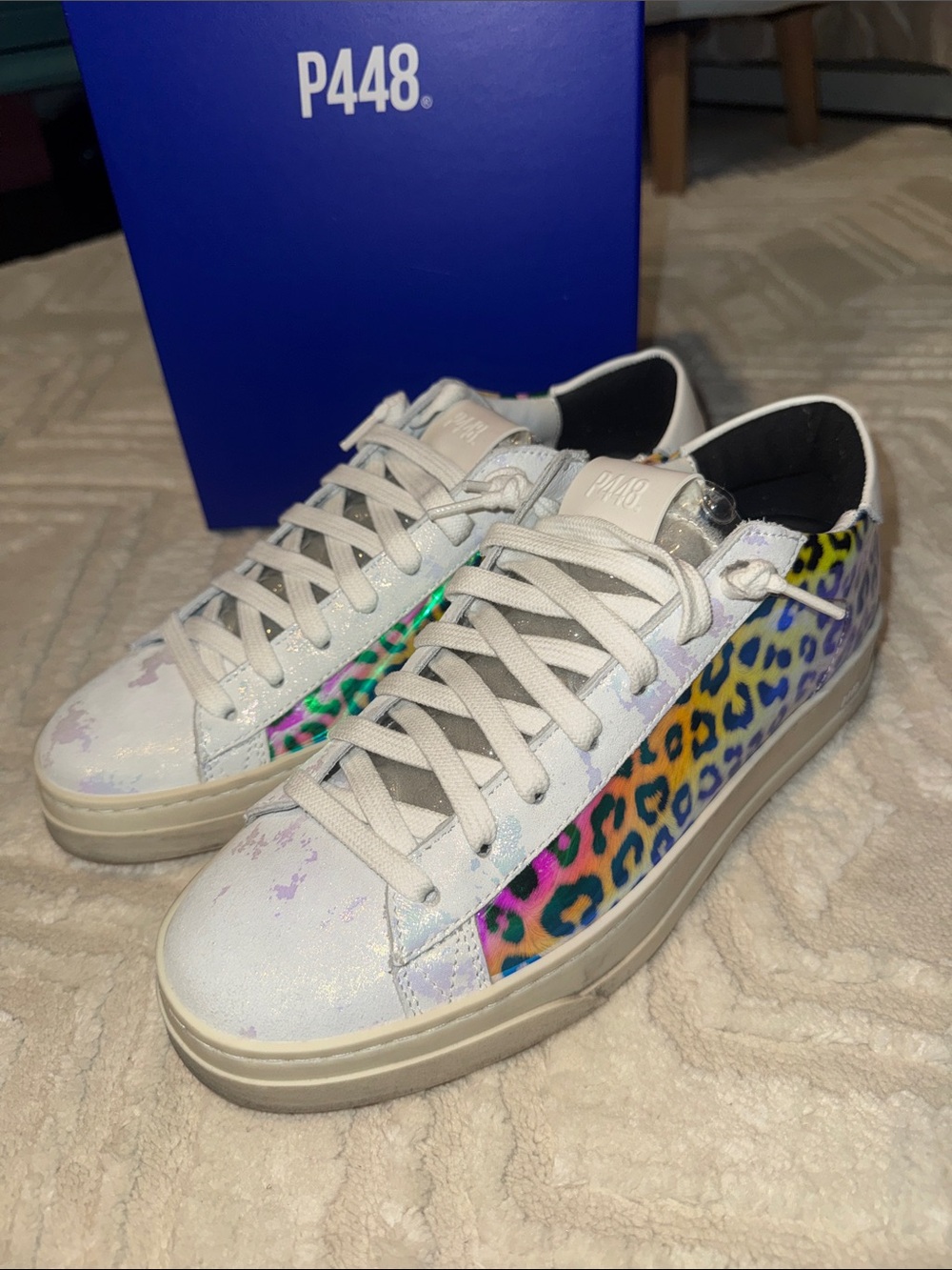 P448 Women’s White Sneakers with Multicolor Leopard Side Panels